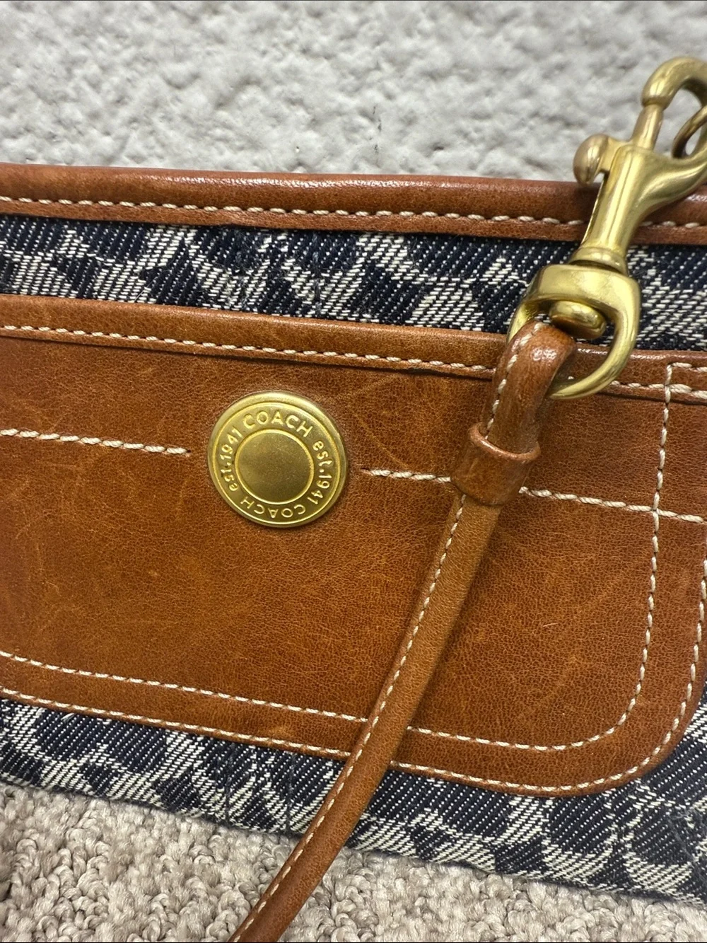 Vintage Coach Signature Blue Bleeker Tattersall and Brown Leather Wristlet